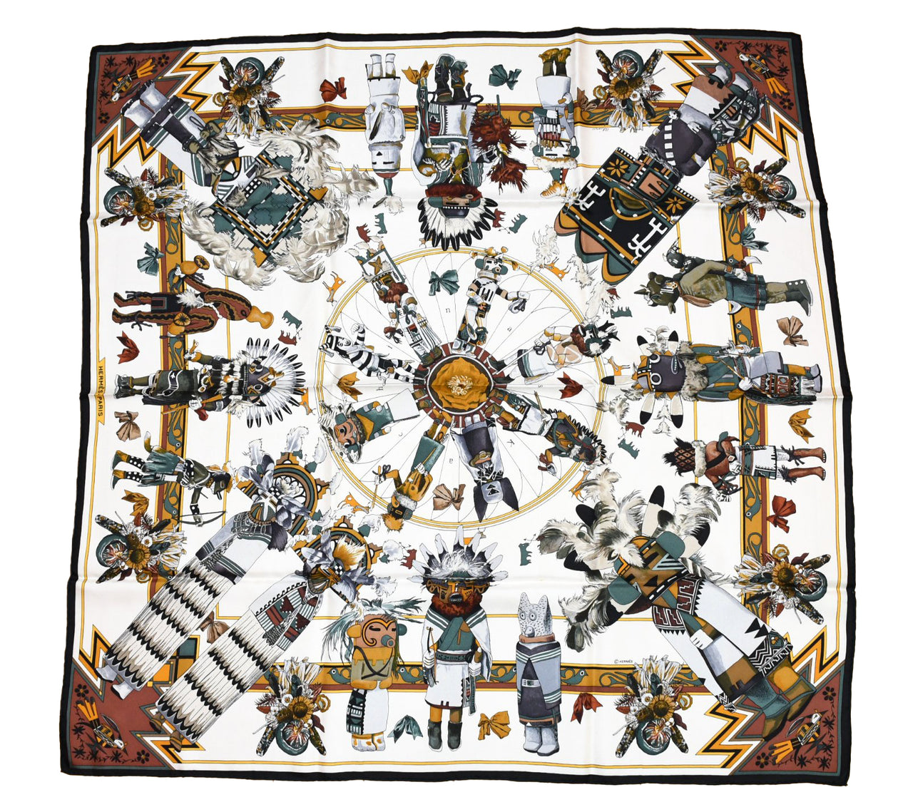 Hermes Scarf Kachina by Kermit Oliver 90 cm silk native white Carre 35" 082