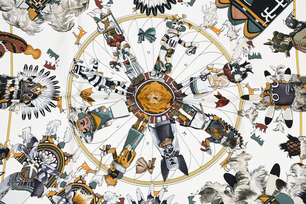 Hermes Scarf Kachina by Kermit Oliver 90 cm silk native white Carre 35" 082