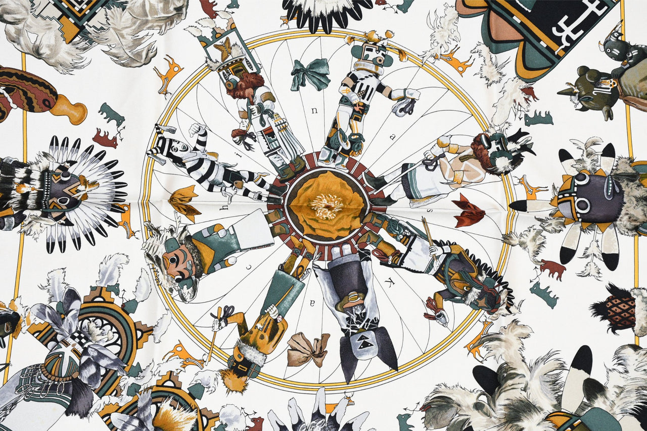 Hermes Scarf Kachina by Kermit Oliver 90 cm silk native white Carre 35" 082
