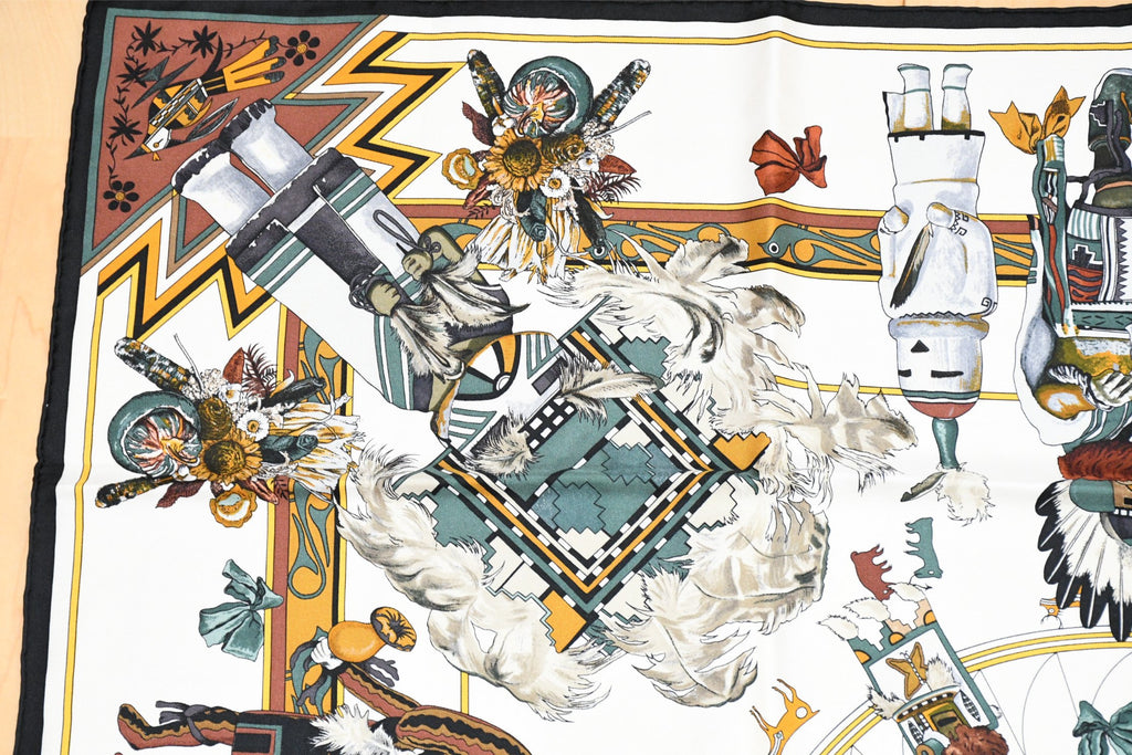 Hermes Scarf Kachina by Kermit Oliver 90 cm silk native white Carre 35" 082