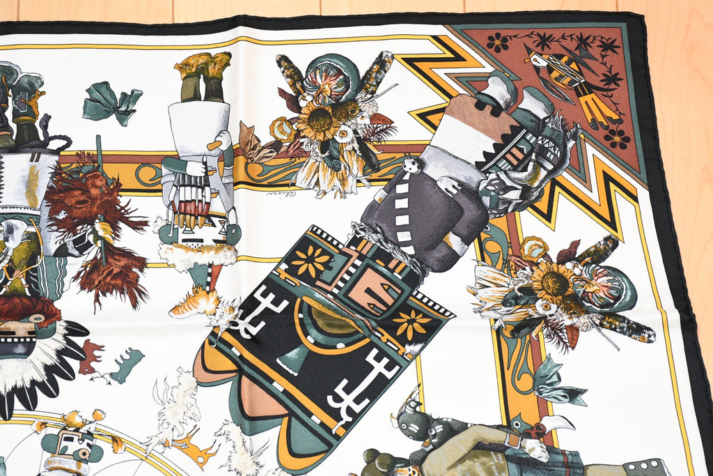 Hermes Scarf Kachina by Kermit Oliver 90 cm silk native white Carre 35" 082