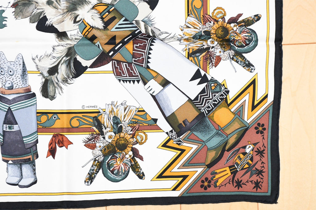 Hermes Scarf Kachina by Kermit Oliver 90 cm silk native white Carre 35" 082