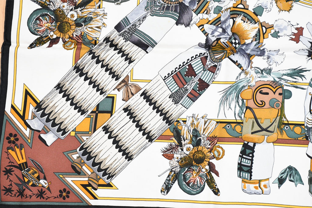 Hermes Scarf Kachina by Kermit Oliver 90 cm silk native white Carre 35" 082