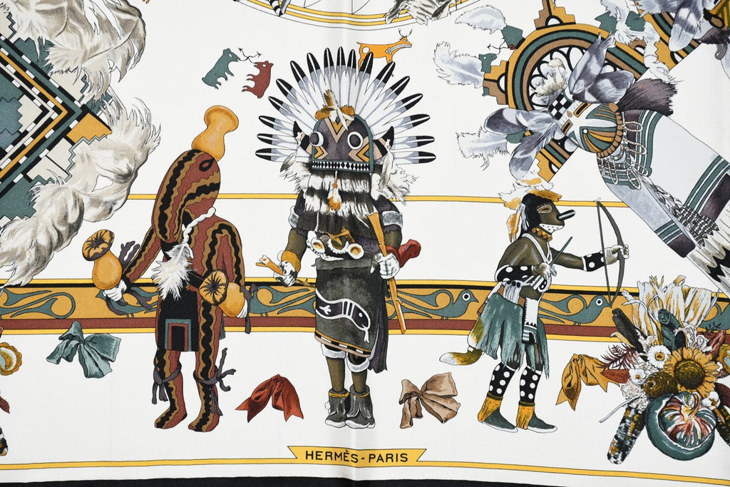 Hermes Scarf Kachina by Kermit Oliver 90 cm silk native white Carre 35" 092