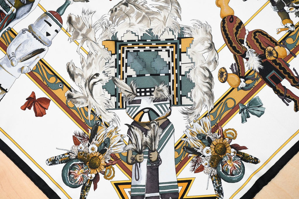 Hermes Scarf Kachina by Kermit Oliver 90 cm silk native white Carre 35" 092