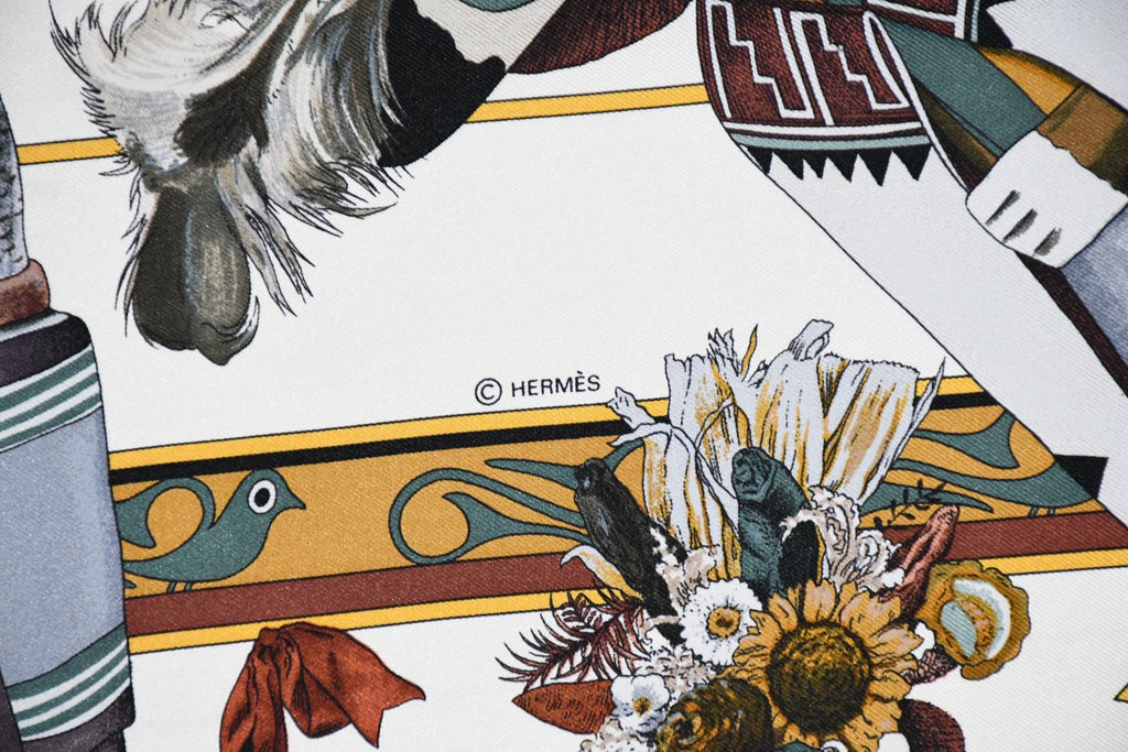 Hermes Scarf Kachina by Kermit Oliver 90 cm silk native white Carre 35" 092