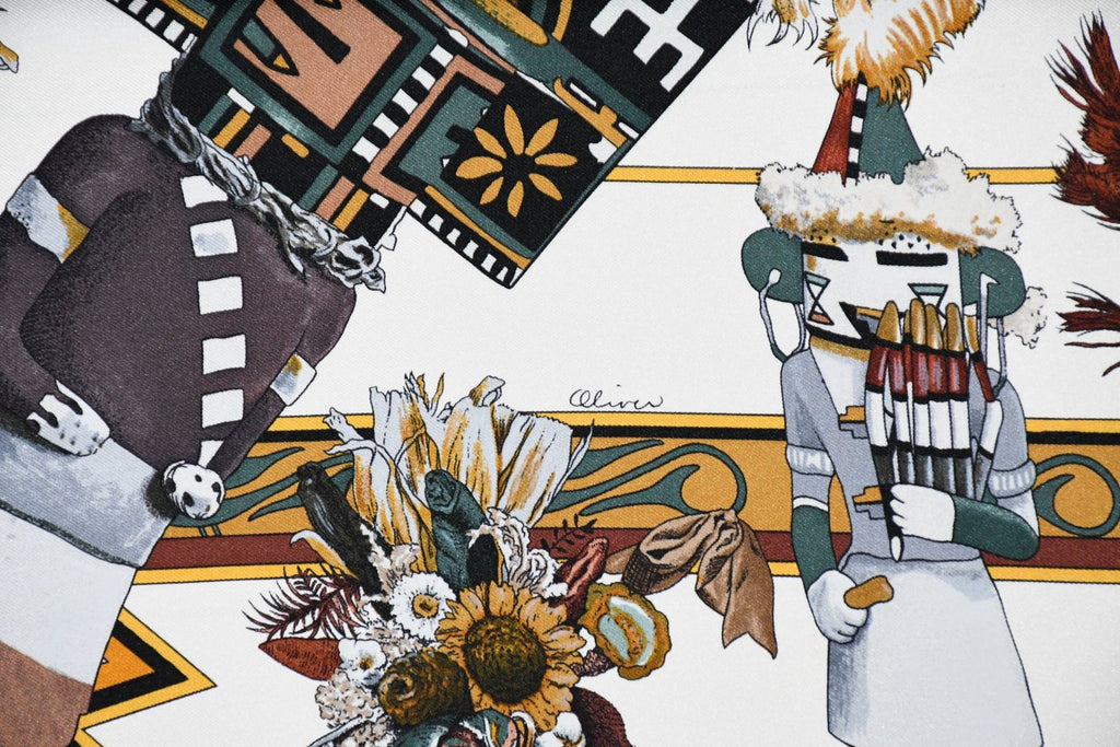 Hermes Scarf Kachina by Kermit Oliver 90 cm silk native white Carre 35" 092