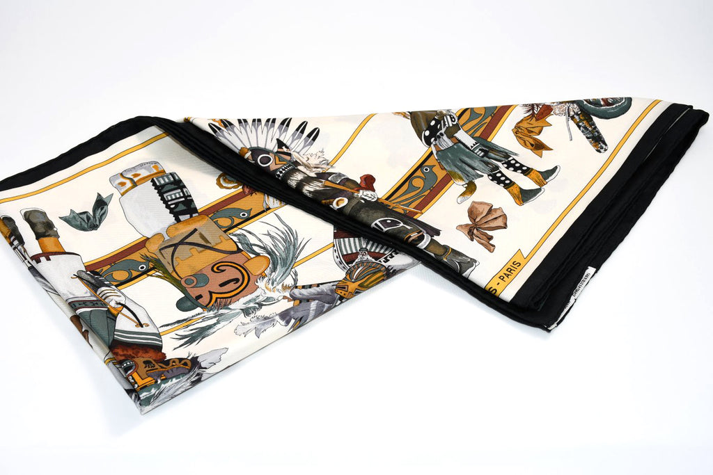 Hermes Scarf Kachina by Kermit Oliver 90 cm silk native white Carre 35" 092