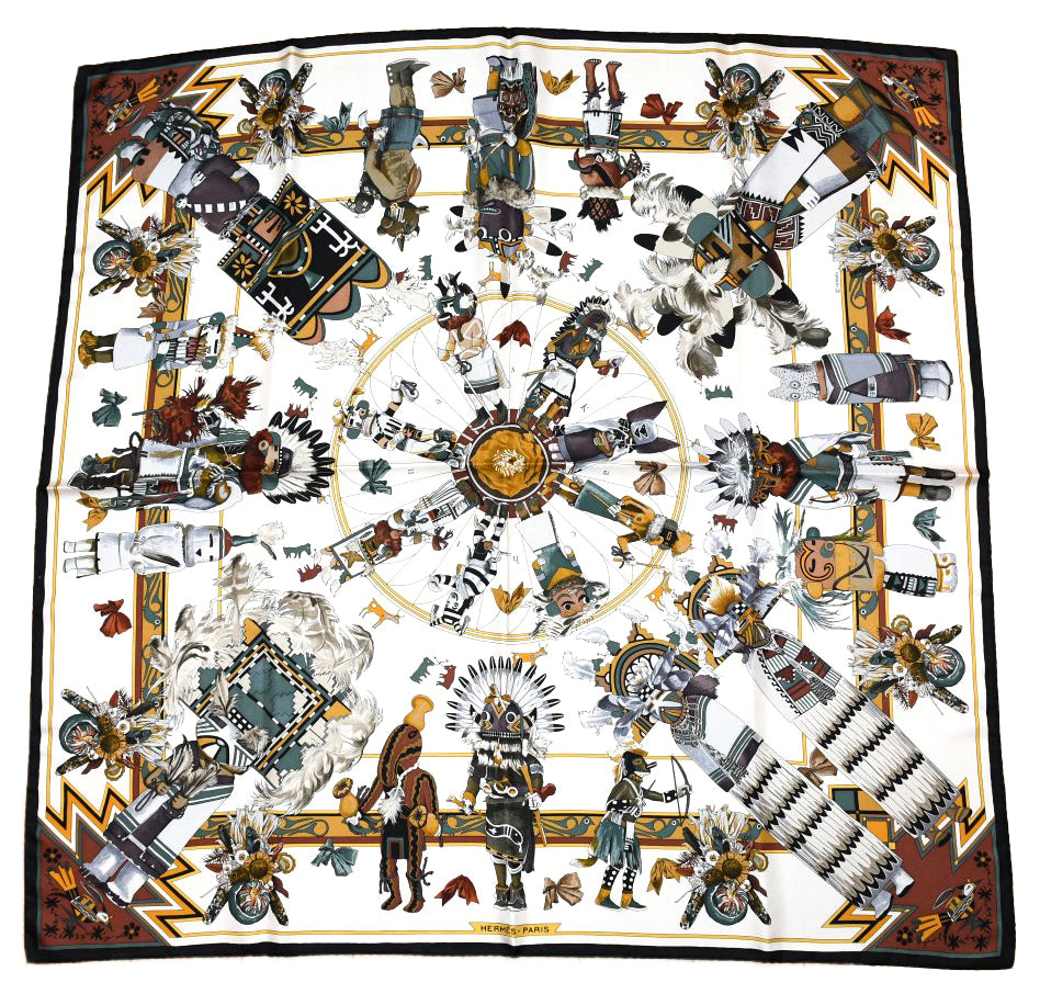 Hermes Scarf Kachina by Kermit Oliver 90 cm silk native white Carre 35" 092