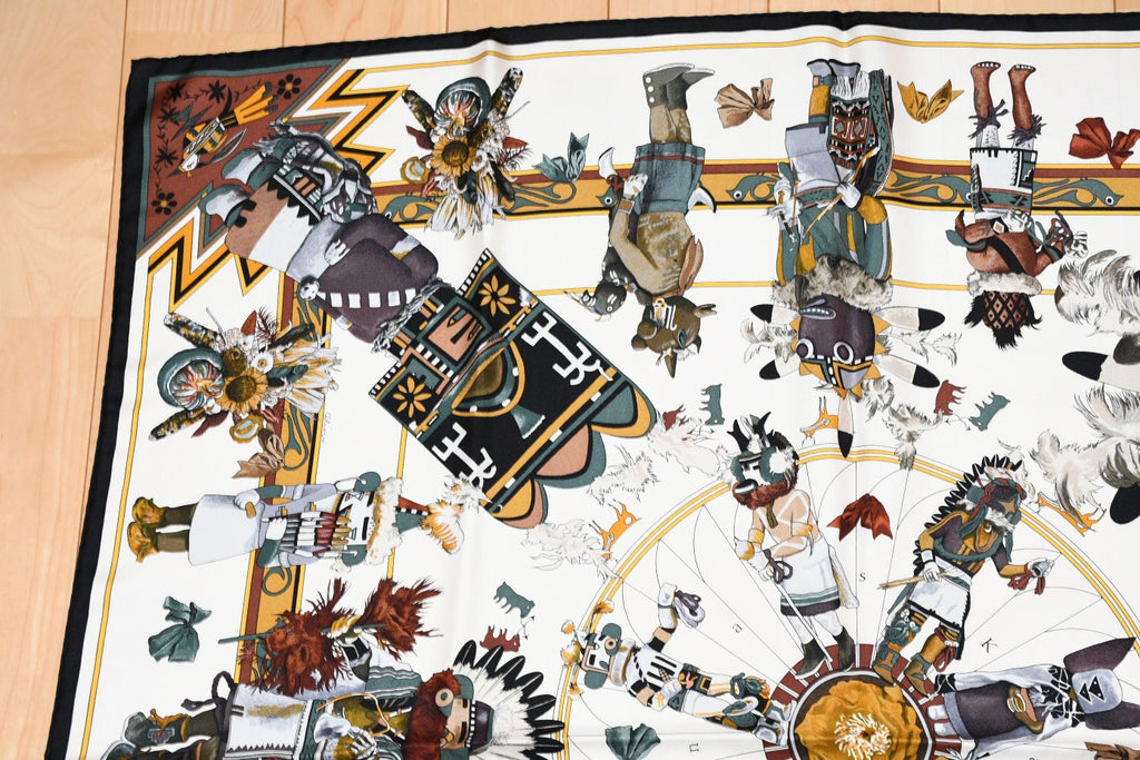 Hermes Scarf Kachina by Kermit Oliver 90 cm silk native white Carre 35" 092