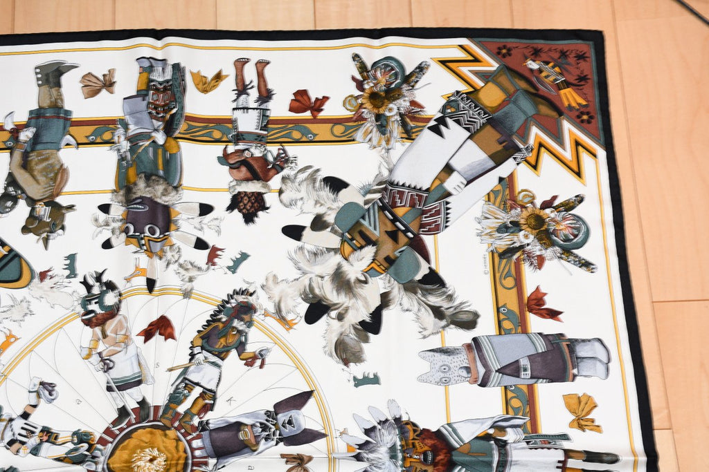 Hermes Scarf Kachina by Kermit Oliver 90 cm silk native white Carre 35" 092