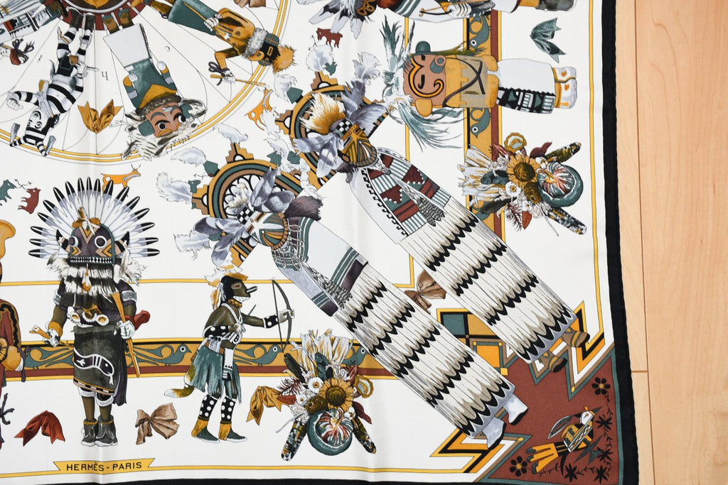 Hermes Scarf Kachina by Kermit Oliver 90 cm silk native white Carre 35" 092