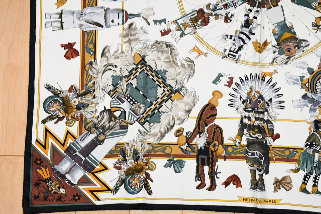 Hermes Scarf Kachina by Kermit Oliver 90 cm silk native white Carre 35" 092