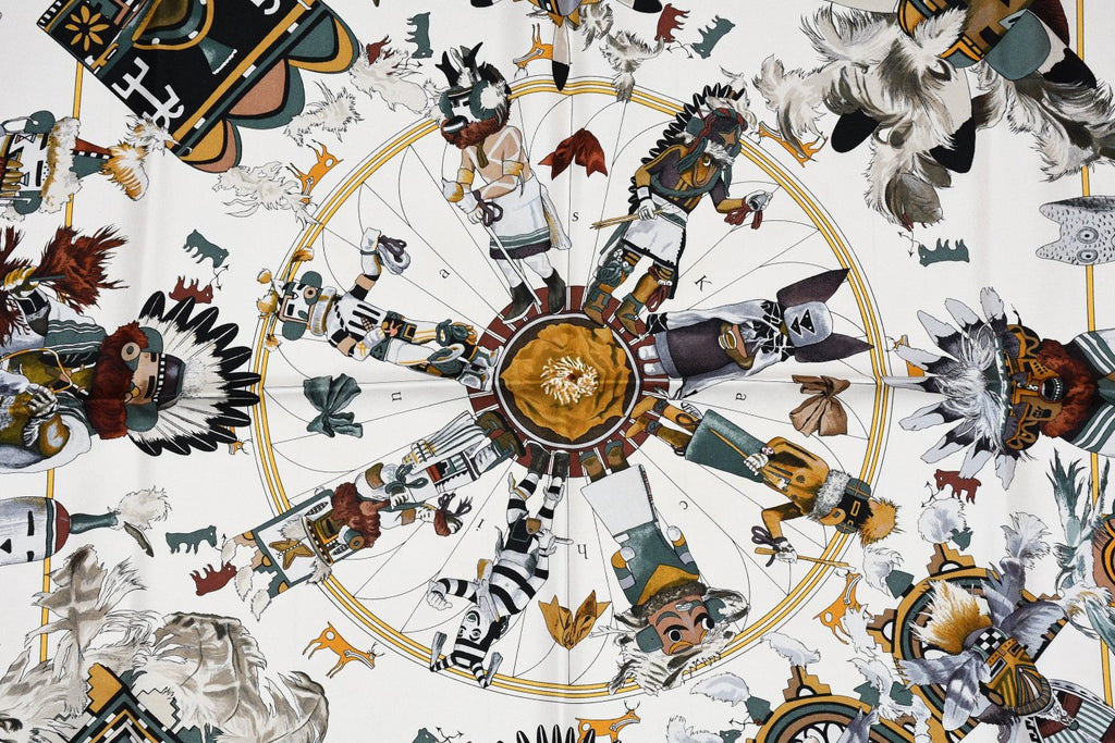 Hermes Scarf Kachina by Kermit Oliver 90 cm silk native white Carre 35" 092