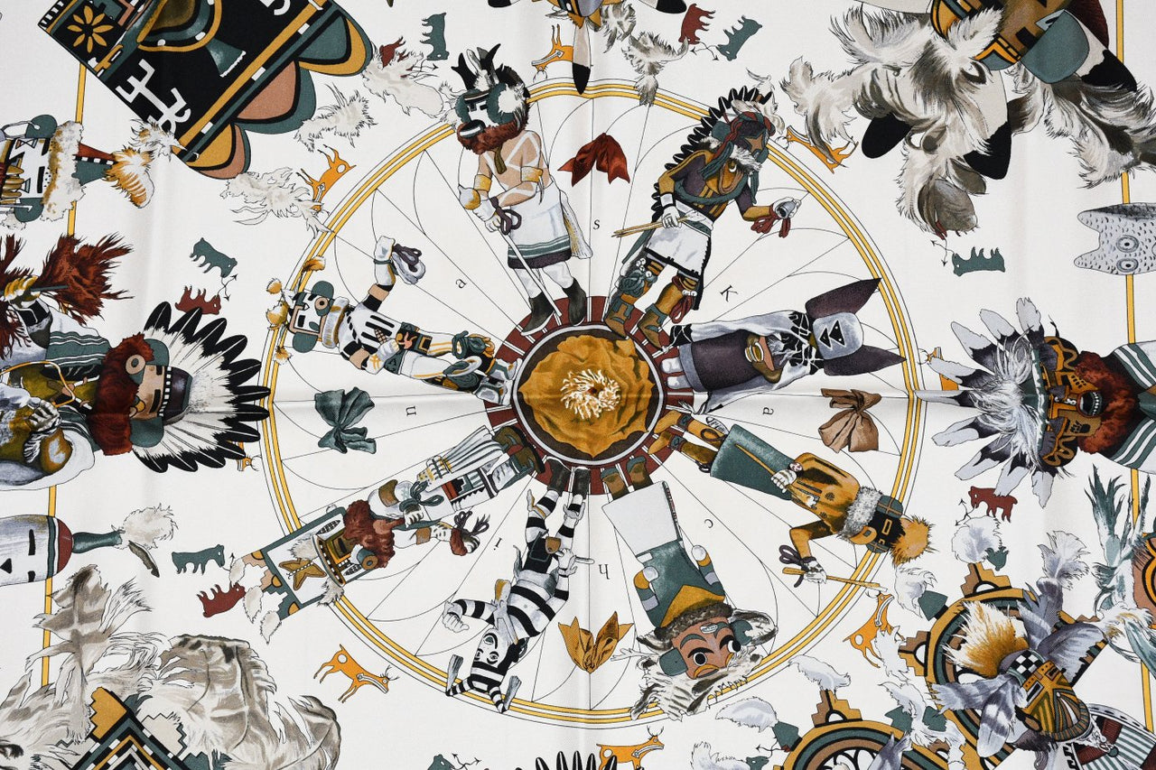 Hermes Scarf Kachina by Kermit Oliver 90 cm silk native white Carre 35" 092