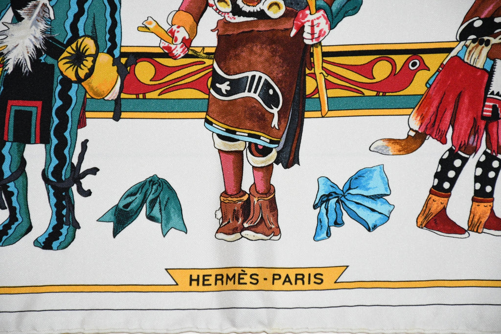 Hermes Scarf Kachina by Kermit Oliver 90 cm silk native white Carre 35"