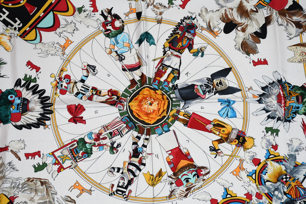 Hermes Scarf Kachina by Kermit Oliver 90 cm silk native white Carre 35"