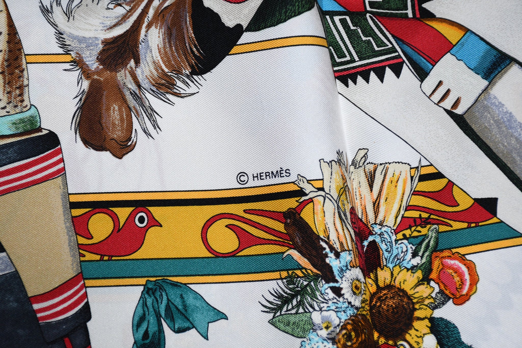 Hermes Scarf Kachina by Kermit Oliver 90 cm silk native white Carre 35"