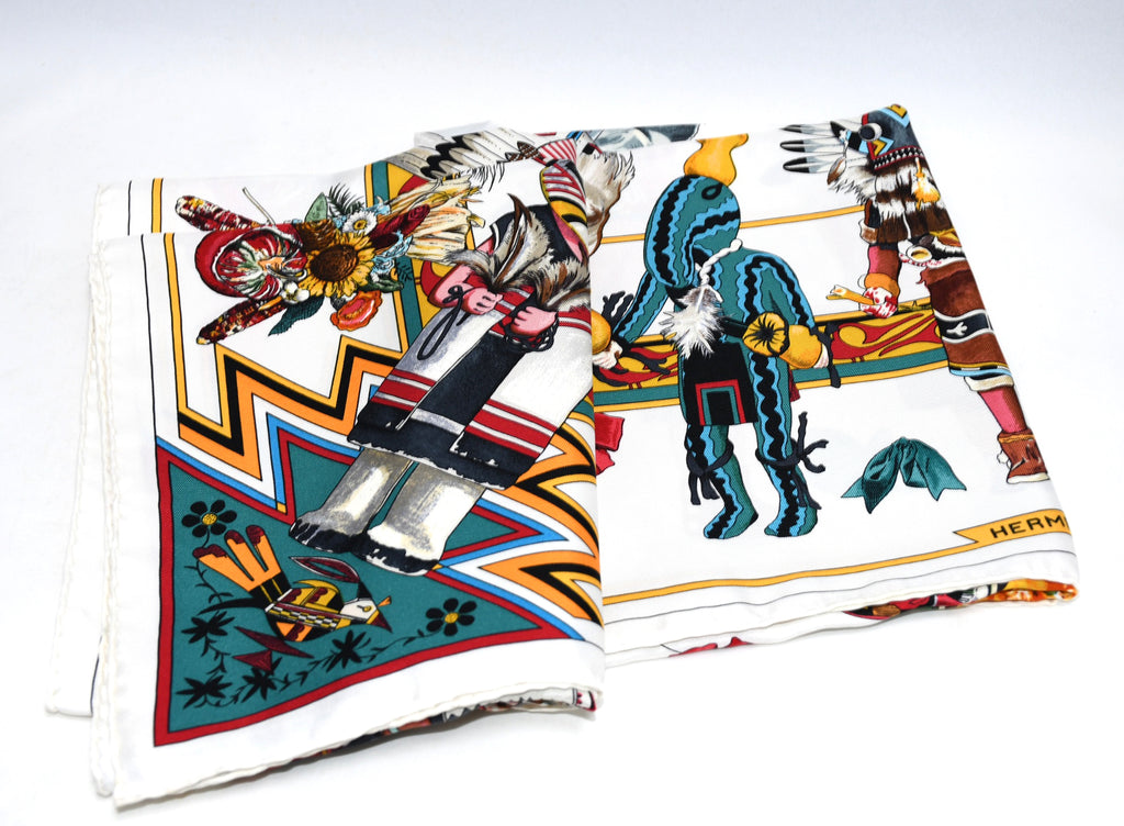 Hermes Scarf Kachina by Kermit Oliver 90 cm silk native white Carre 35"