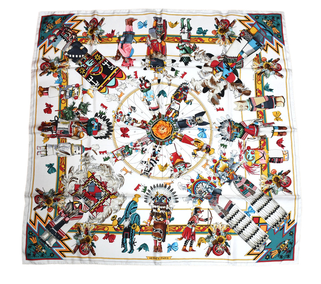 Hermes Scarf Kachina by Kermit Oliver 90 cm silk native white Carre 35"