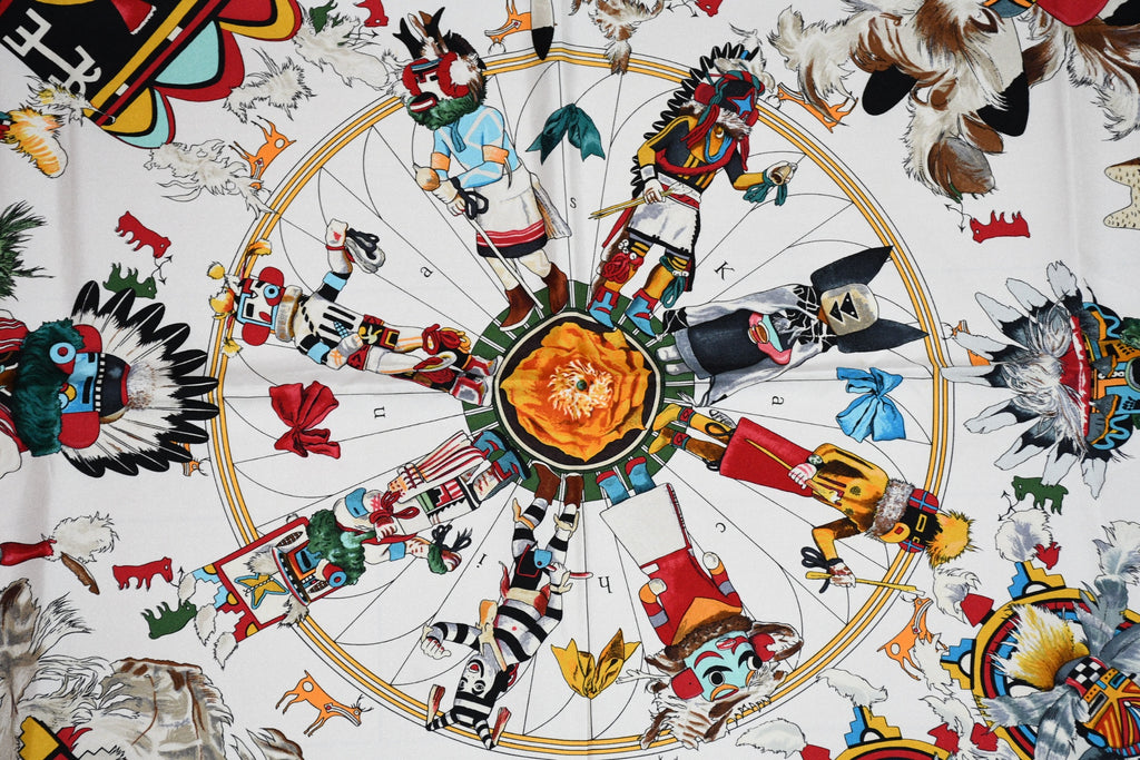 Hermes Scarf Kachina by Kermit Oliver 90 cm silk native white Carre 35"