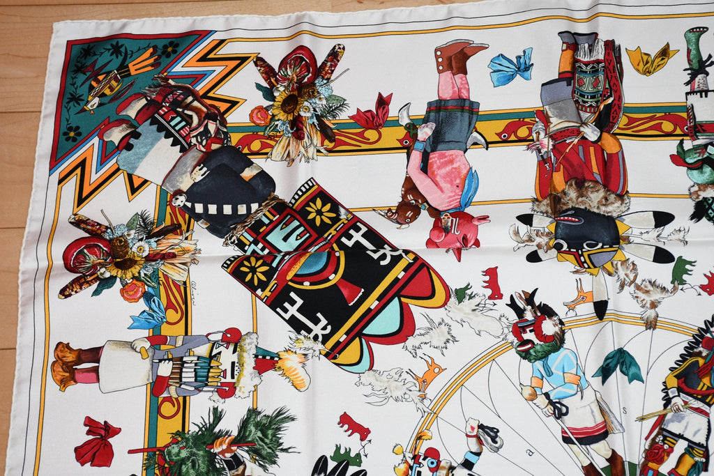 Hermes Scarf Kachina by Kermit Oliver 90 cm silk native white Carre 35"