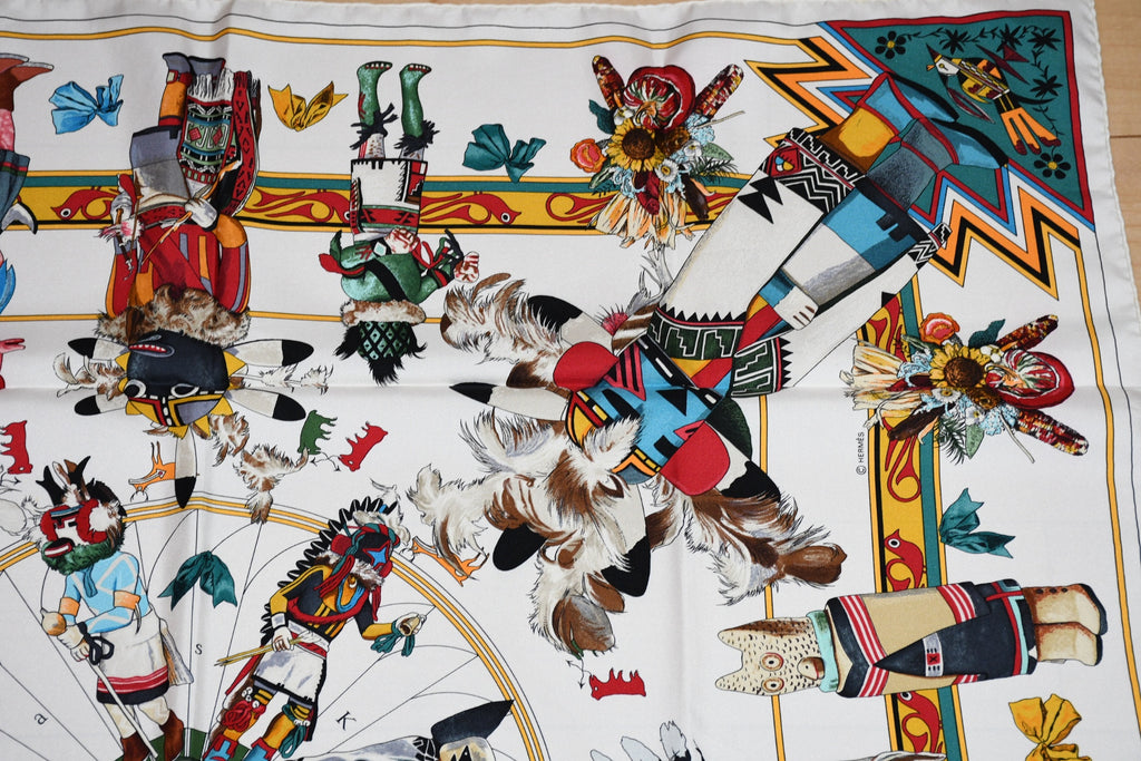 Hermes Scarf Kachina by Kermit Oliver 90 cm silk native white Carre 35"