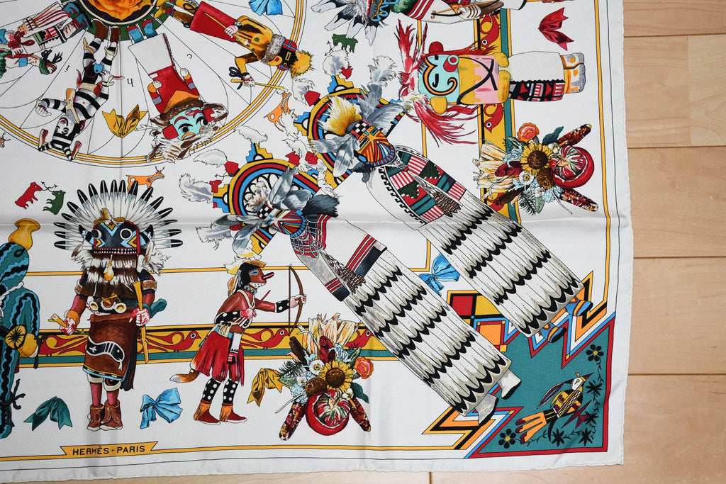 Hermes Scarf Kachina by Kermit Oliver 90 cm silk native white Carre 35"