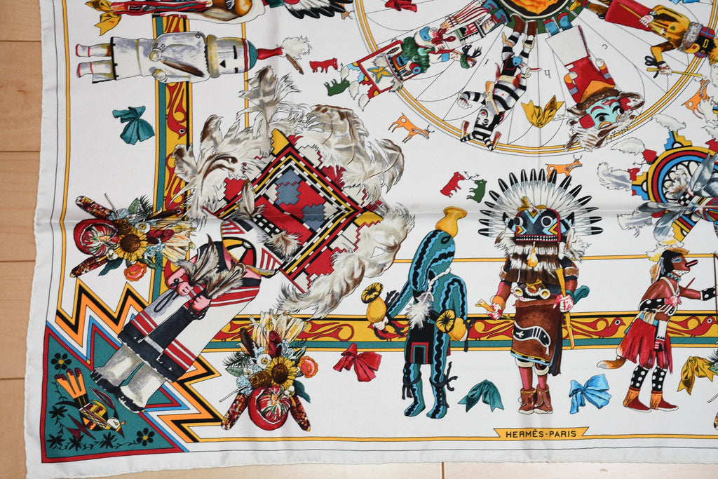 Hermes Scarf Kachina by Kermit Oliver 90 cm silk native white Carre 35"