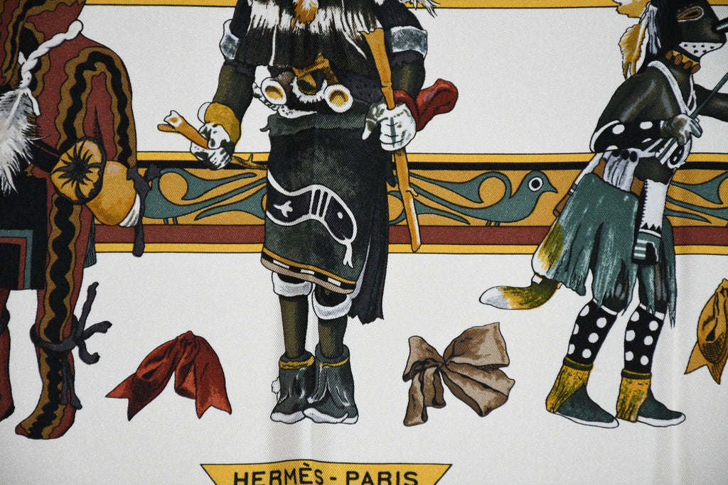 Hermes Scarf Kachina by Kermit Oliver 90 cm silk native white black Carre 35"