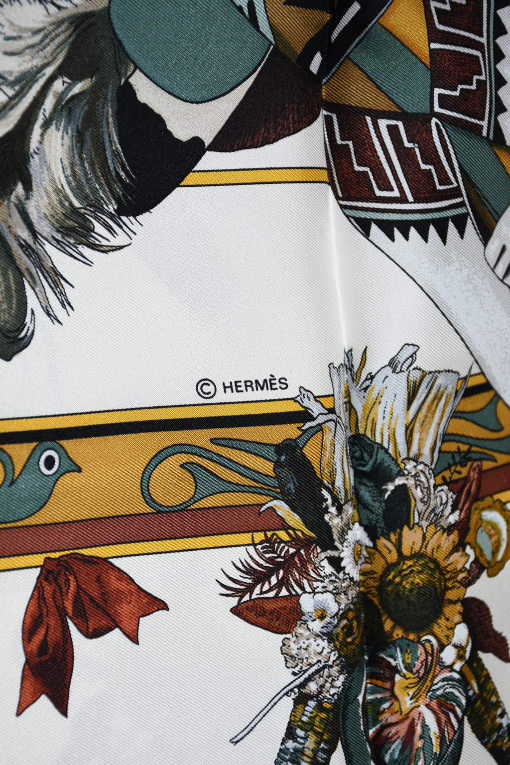Hermes Scarf Kachina by Kermit Oliver 90 cm silk native white black Carre 35"