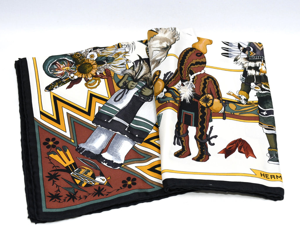 Hermes Scarf Kachina by Kermit Oliver 90 cm silk native white black Carre 35"
