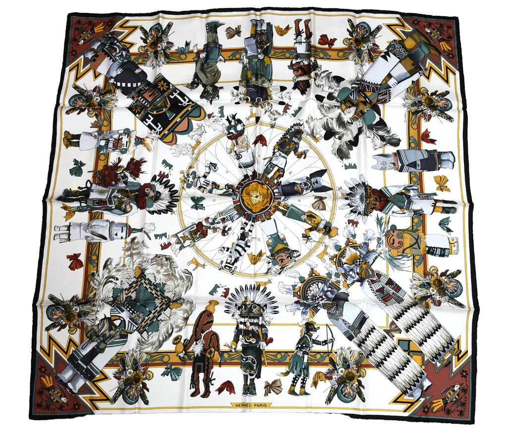 Hermes Scarf Kachina by Kermit Oliver 90 cm silk native white black Carre 35"