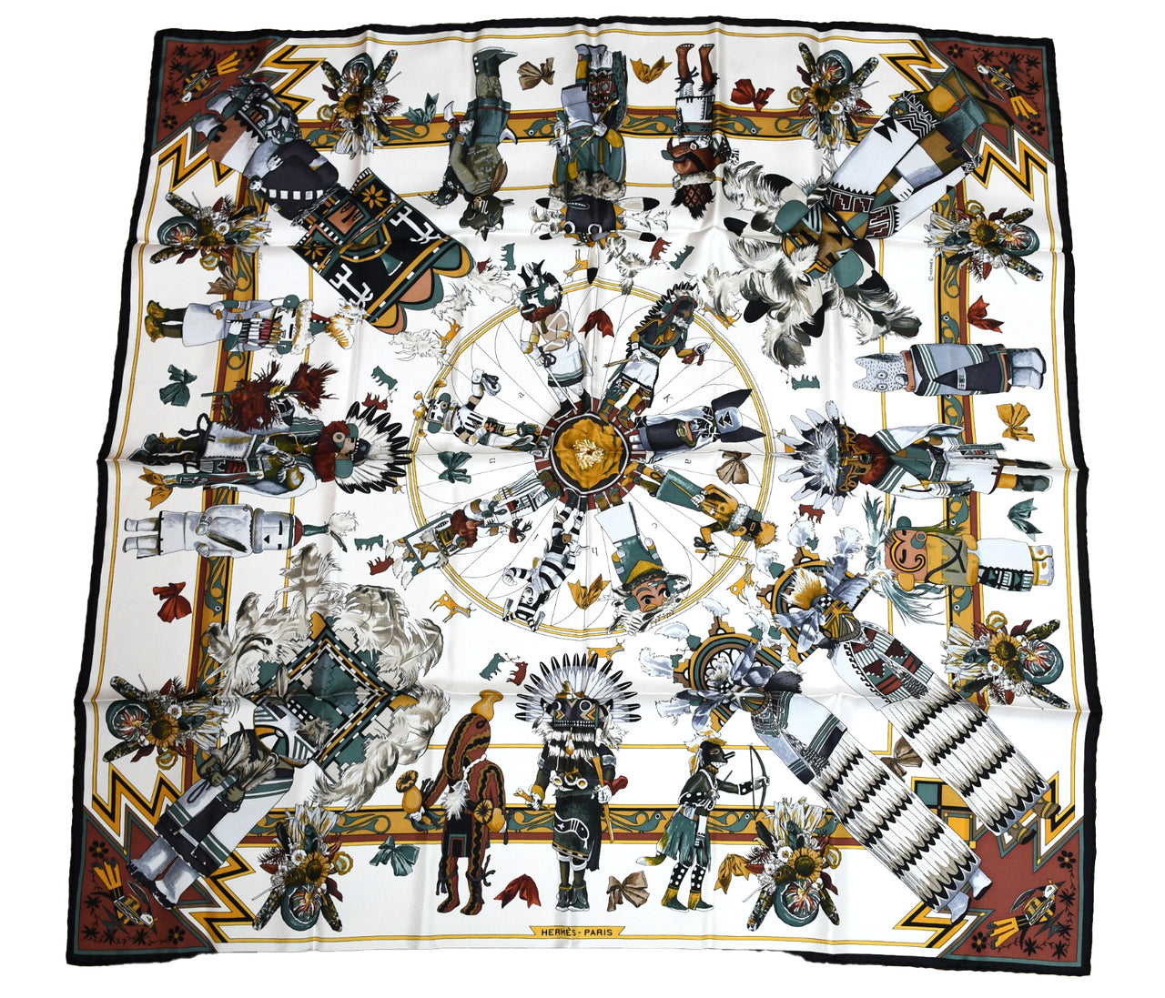 Hermes Scarf Kachina by Kermit Oliver 90 cm silk native white black Carre 35"