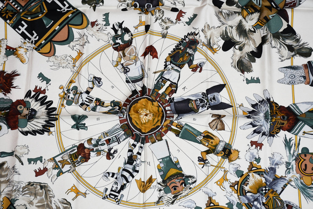 Hermes Scarf Kachina by Kermit Oliver 90 cm silk native white black Carre 35"
