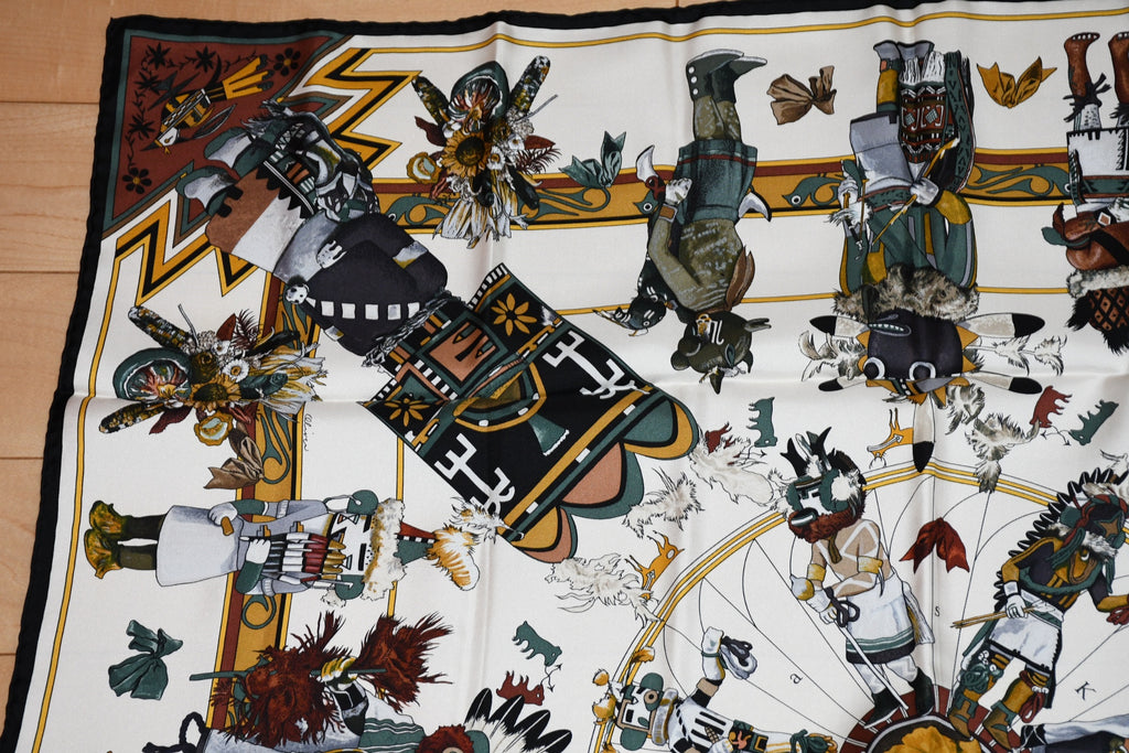 Hermes Scarf Kachina by Kermit Oliver 90 cm silk native white black Carre 35"
