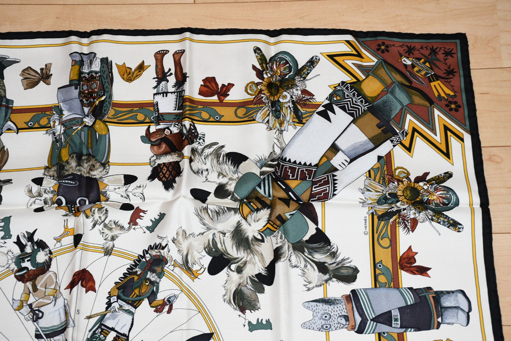 Hermes Scarf Kachina by Kermit Oliver 90 cm silk native white black Carre 35"