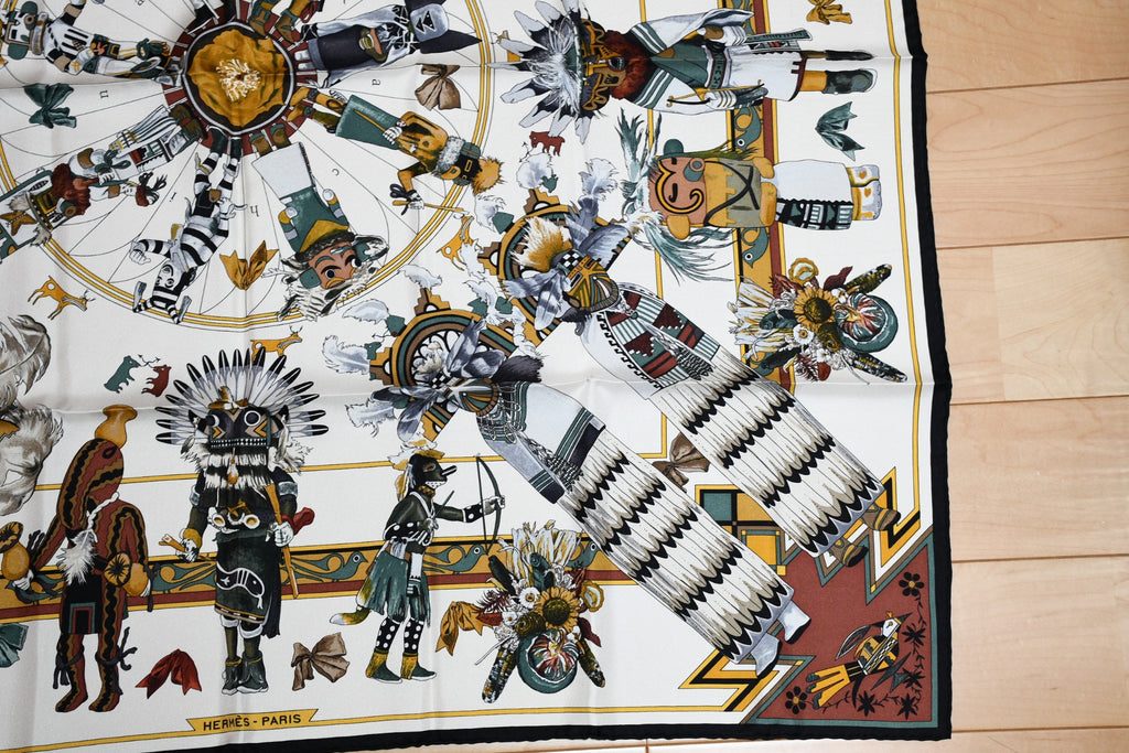 Hermes Scarf Kachina by Kermit Oliver 90 cm silk native white black Carre 35"
