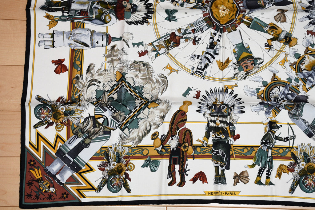 Hermes Scarf Kachina by Kermit Oliver 90 cm silk native white black Carre 35"