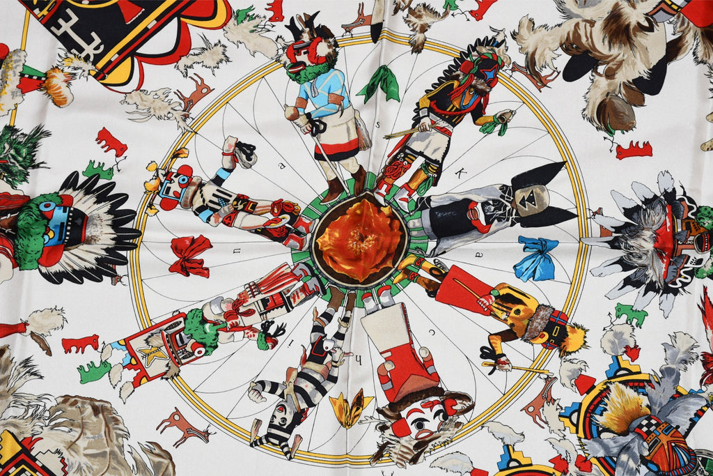 Hermes Scarf Kachina by Kermit Oliver 90 cm silk native white red Carre 35" 026