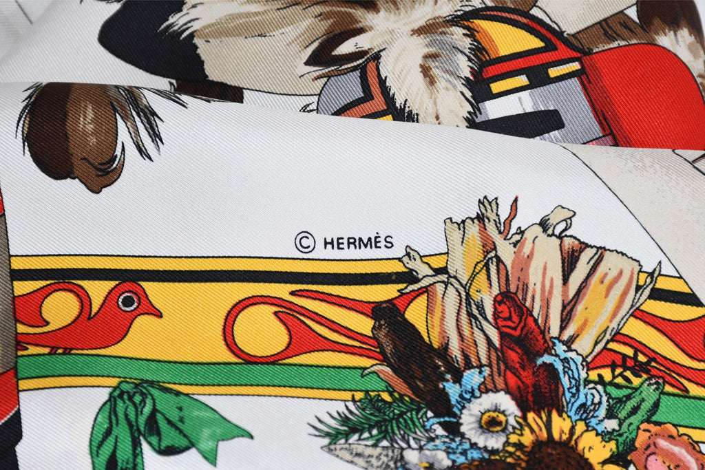 Hermes Scarf Kachina by Kermit Oliver 90 cm silk native white red Carre 35" 026