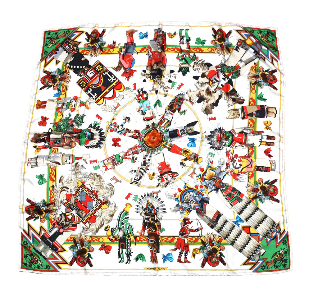 Hermes Scarf Kachina by Kermit Oliver 90 cm silk native white red Carre 35" 026
