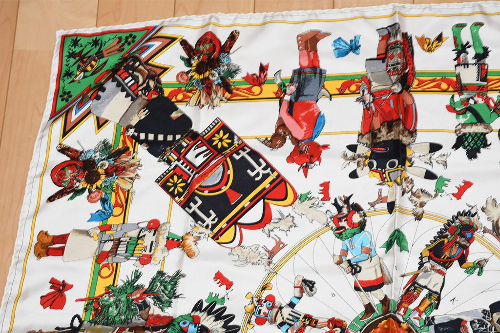 Hermes Scarf Kachina by Kermit Oliver 90 cm silk native white red Carre 35" 026