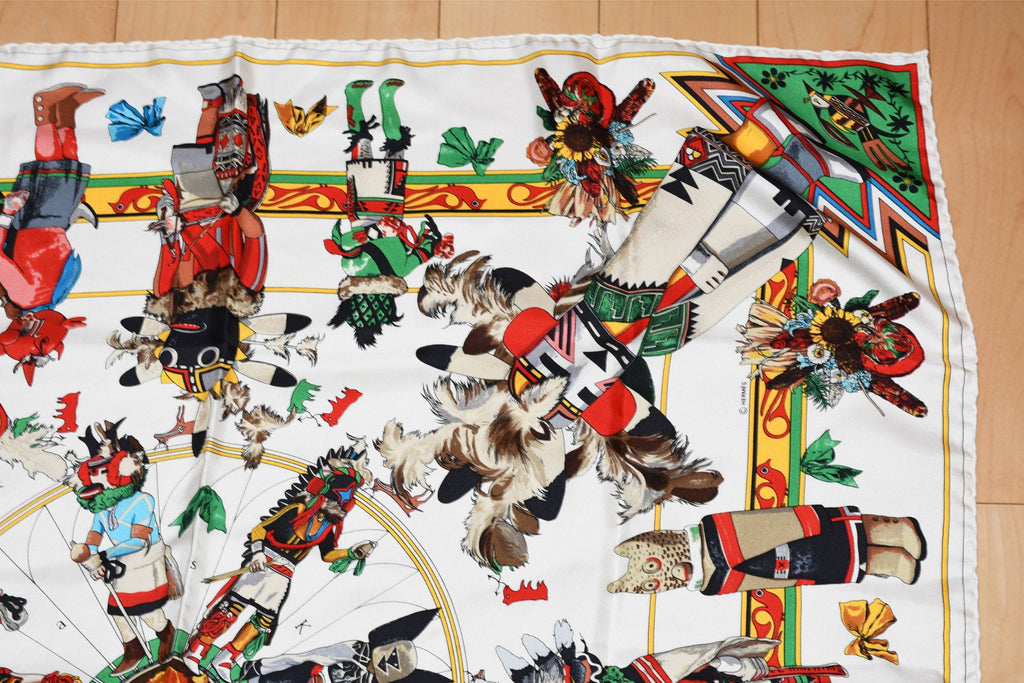 Hermes Scarf Kachina by Kermit Oliver 90 cm silk native white red Carre 35" 026