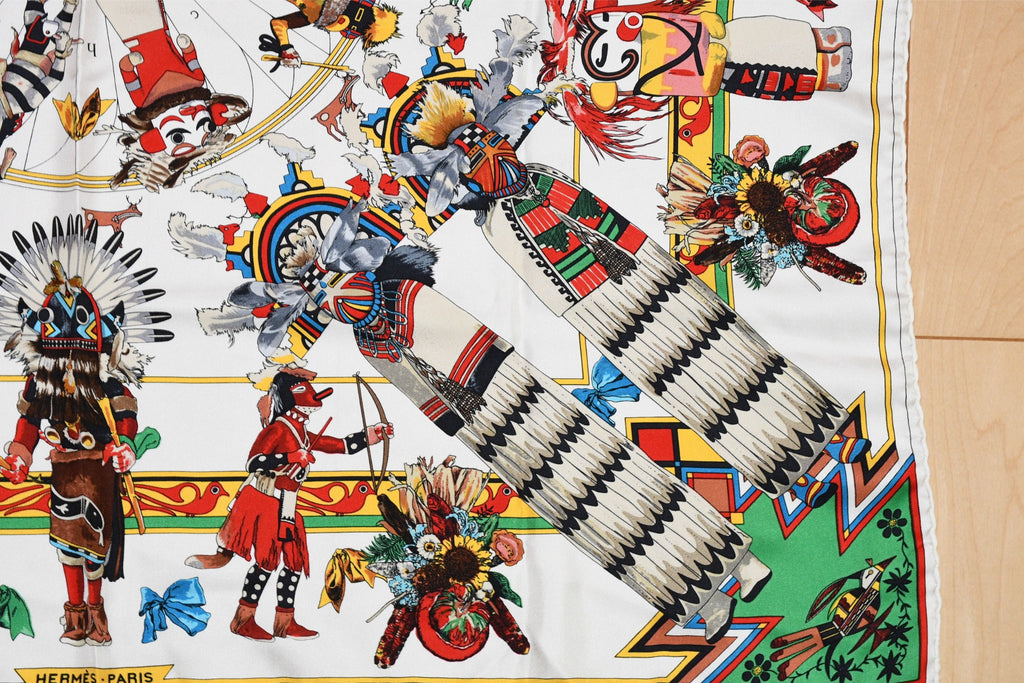 Hermes Scarf Kachina by Kermit Oliver 90 cm silk native white red Carre 35" 026