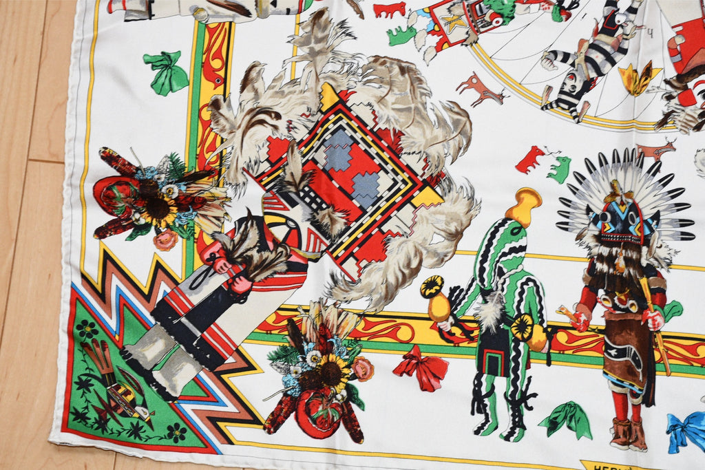 Hermes Scarf Kachina by Kermit Oliver 90 cm silk native white red Carre 35" 026