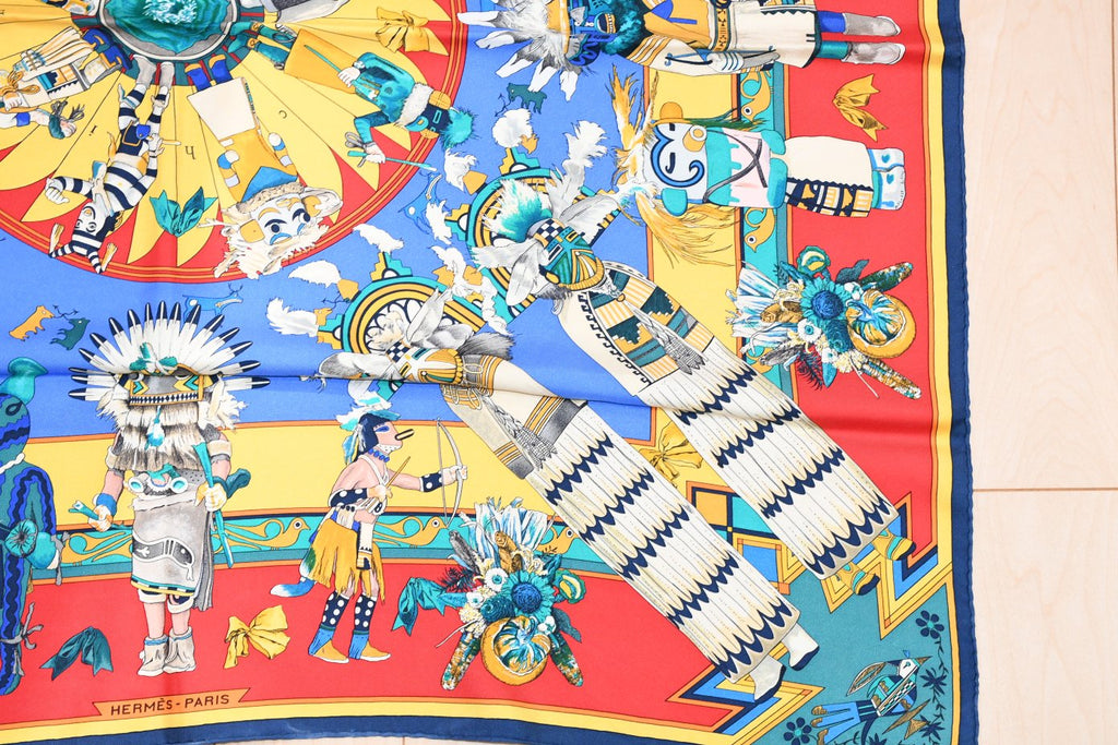 Hermes Scarf Kachina by Kermit Oliver 90 cm silk  red blue Carre 35" 052