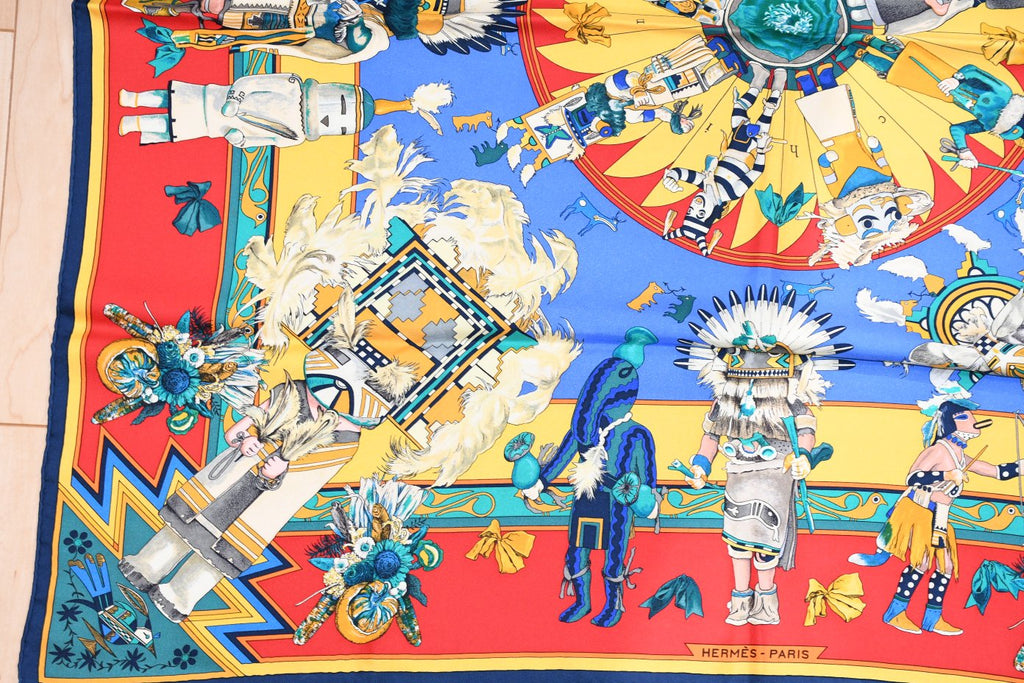 Hermes Scarf Kachina by Kermit Oliver 90 cm silk  red blue Carre 35" 052