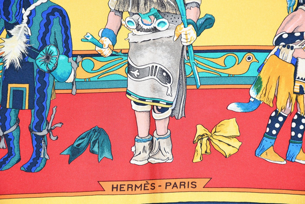 Hermes Scarf Kachina by Kermit Oliver 90 cm silk  red blue Carre 35" 052