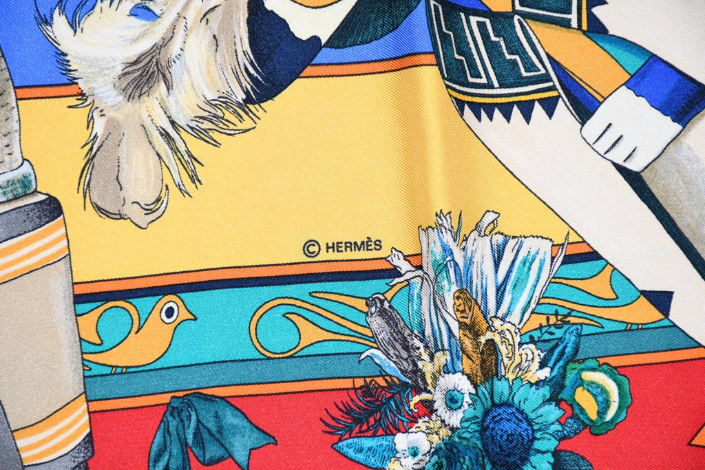 Hermes Scarf Kachina by Kermit Oliver 90 cm silk  red blue Carre 35" 052